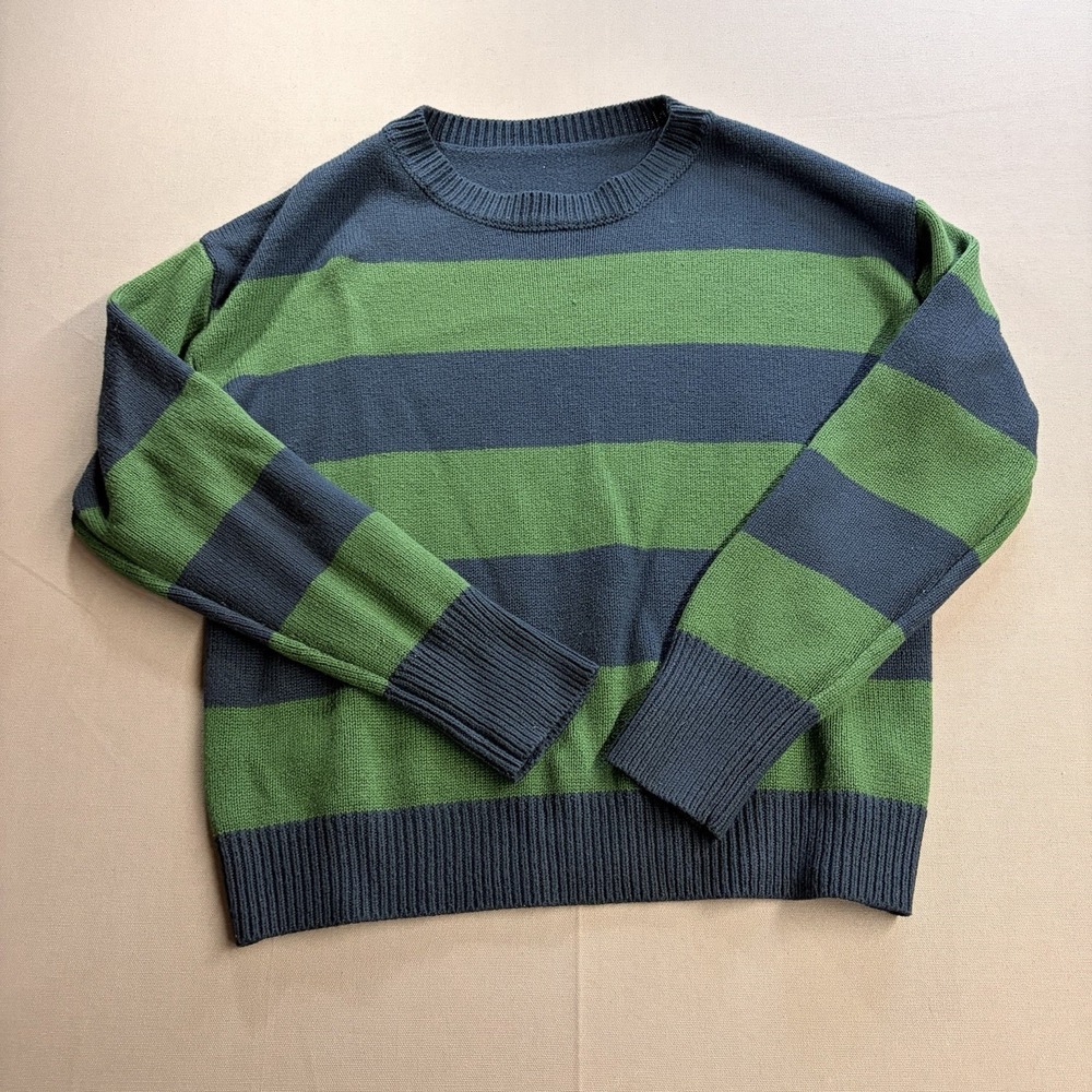 SHEIN Womens L Blue Green Striped Knit Sweater Grandpa Grunge Oversized Cozy